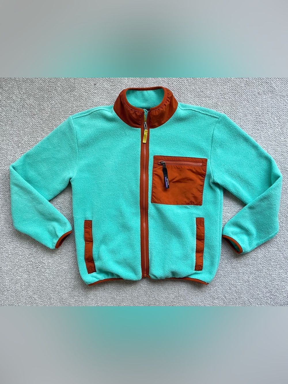 Patagonia Synchilla Full Zip Jacket, Fresh Teal / Orange, Size XL (14)